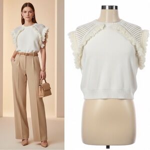 502 BCBGMAXAZRIA | EUC Ivory Fringe-Trimmed Knit Cap-Sleeve Sweater (size M)